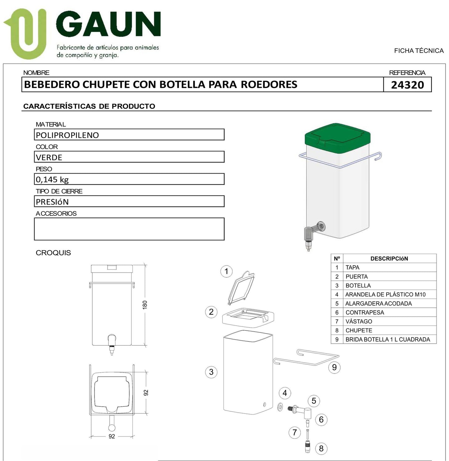 Bebedero Chupete con Botella Gaun para Roedores y Hurones