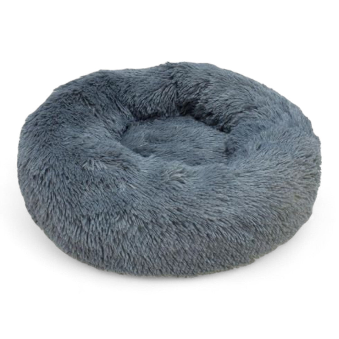 Cama redonda gris oscuro suave para perros