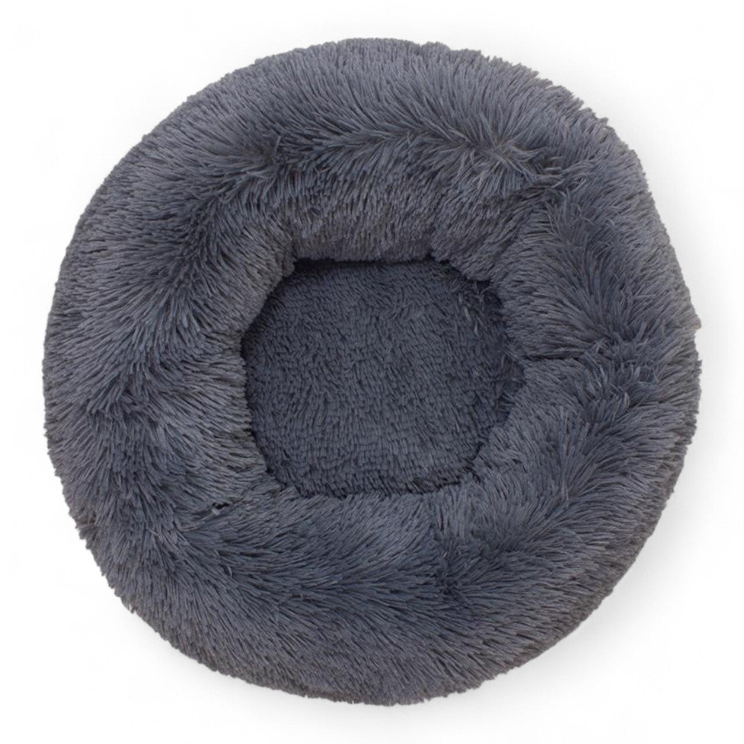 Cama redonda gris oscuro suave para perros