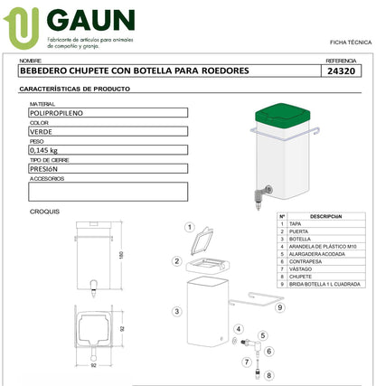 Bebedero Chupete con Botella Gaun para Roedores y Hurones