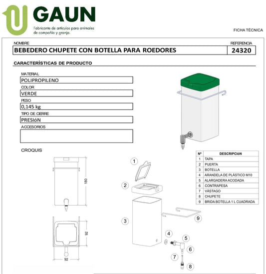 Bebedero Chupete con Botella Gaun para Roedores y Hurones