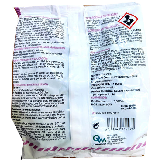 Raticida Muribrom Bloque. Bolsa 200 Gr.